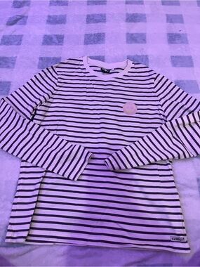 Striped Long-Sleeve Tee with Smiley Patch - White/Black
